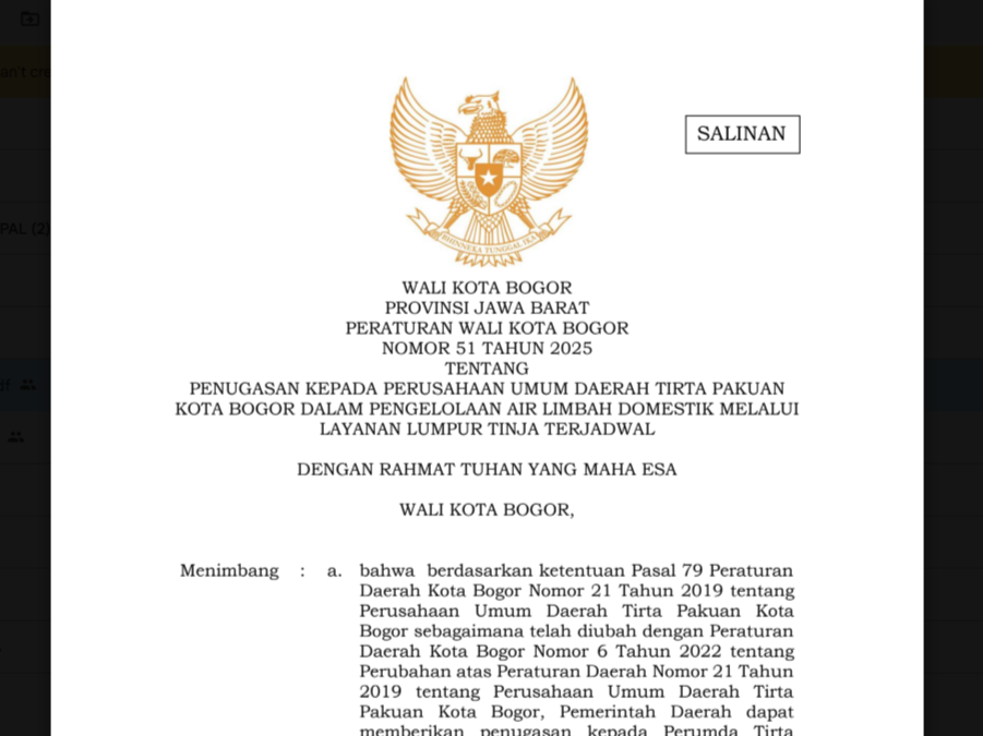 Perwali Kota Bogor Nomor 51 Tahun 2025: Penguatan Pengelolaan Air Limbah Domestik melalui Layanan Lumpur Tinja Terjadwal