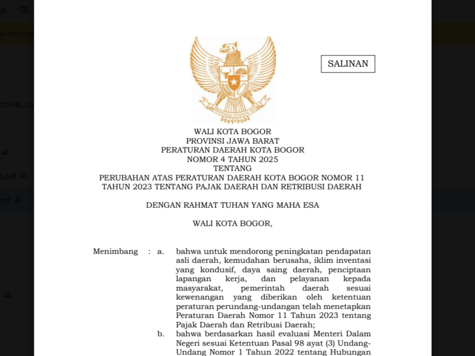 Perda Kota Bogor Nomor 4 Tahun 2025: Perubahan atas Peraturan Daerah tentang Pajak Daerah dan Retribusi Daerah